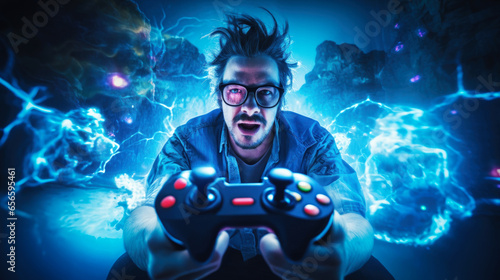 Nerdy gamer playing video games with gaming controller in his hands.