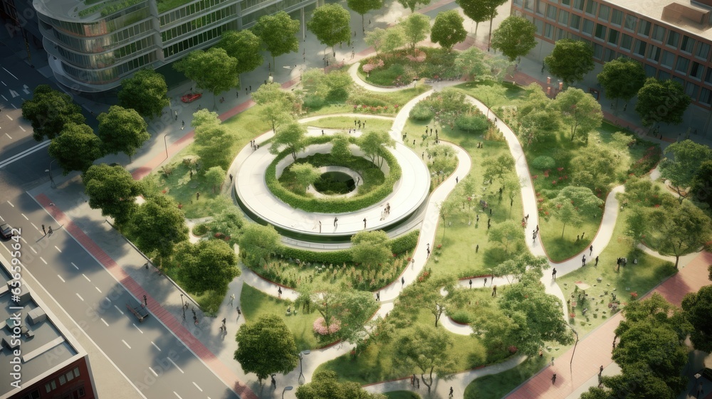 An urban plaza with sustainable features like rain gardens and solar-powered installations, illustrating the integration of eco-friendly design principles in urban spaces