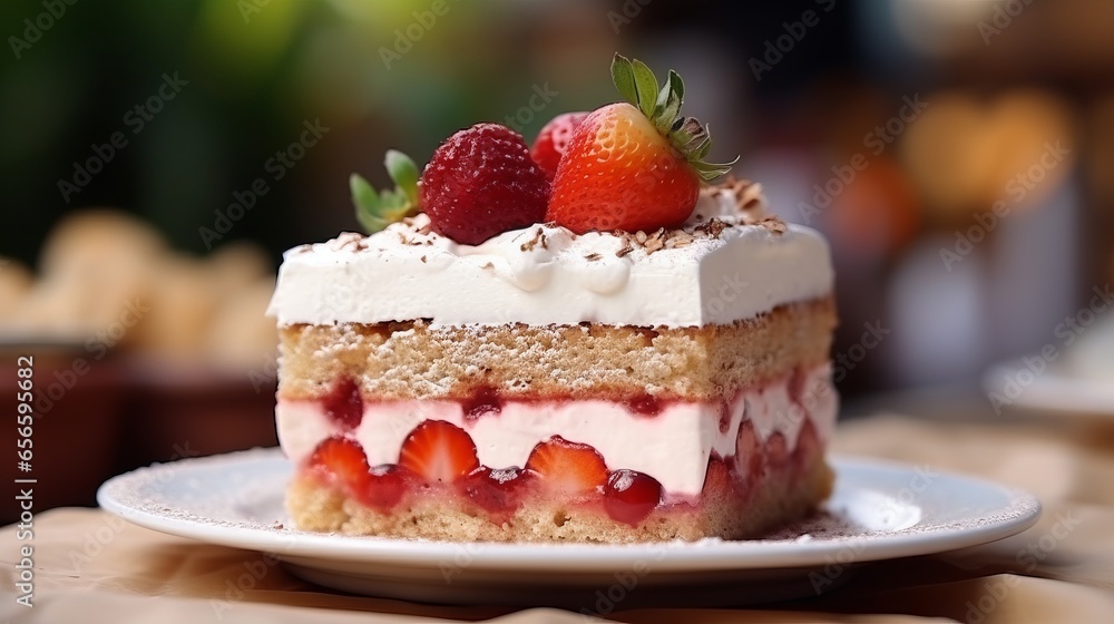 Photo of a delicious cake topped with fresh strawberries created with Generative AI technology