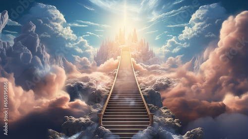 Vászonkép Stairs to heaven heading up to skies, bright light from heaven door, Concept art