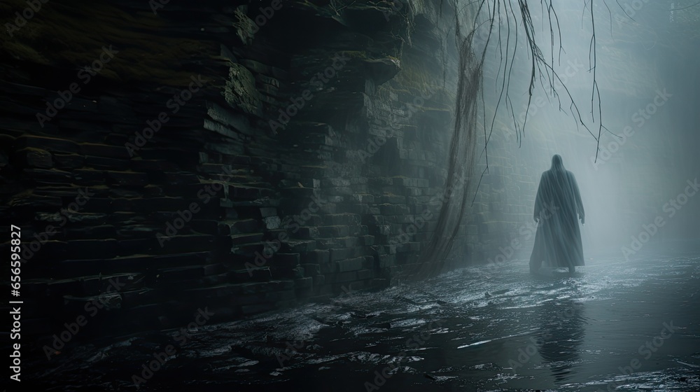An atmospheric and spooky scene depicting a ghostly figure.