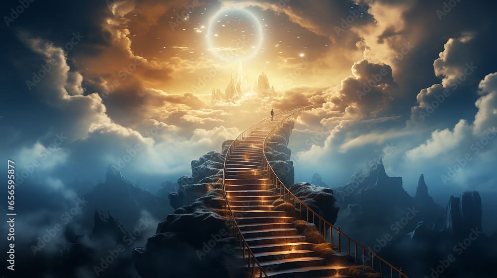 Stairway through the clouds to the heavenly light. Stairway to heaven - obrazy, fototapety, plakaty 