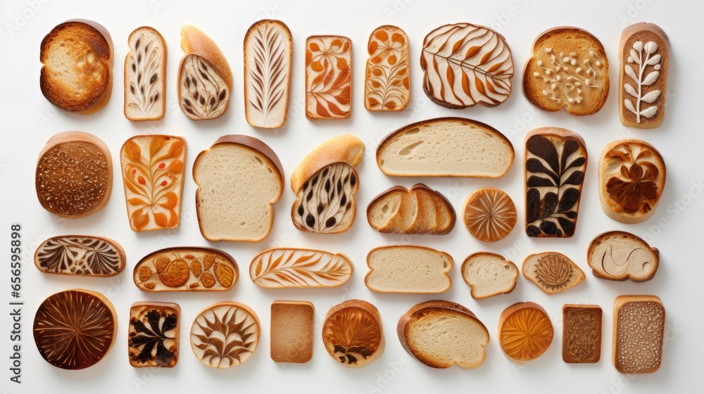 An image of slices of bread with decorative patterns on a white background. An image of slices of bread with decorative patterns on a white background.