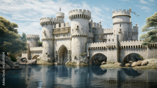 A white and gold painting of a castle with a drawbridge and a moat
