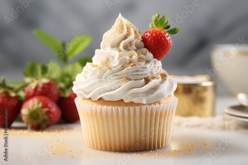 Photo of a delicious cupcake with whipped cream and a fresh strawberry on top created with Generative AI technology