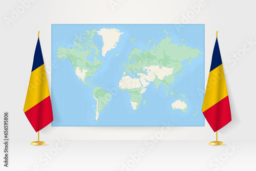 World Map between two hanging flags of Chad flag stand.