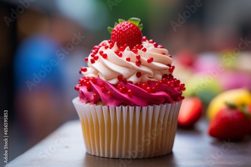 Photo of a delicious cupcake with creamy white frosting and a juicy strawberry on top created with Generative AI technology