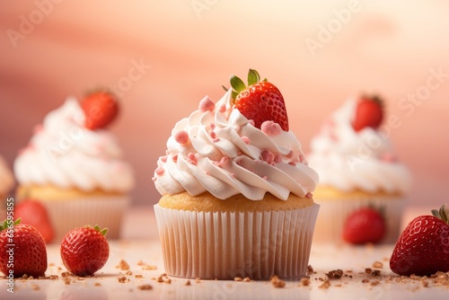 Photo of delicious cupcakes with fresh strawberries and creamy white frosting created with Generative AI technology
