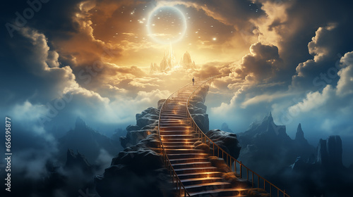 Leinwand Poster Stairway through the clouds to the heavenly light