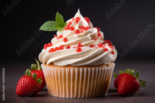 Photo of a delicious cupcake with fresh strawberries and creamy white frosting created with Generative AI technology