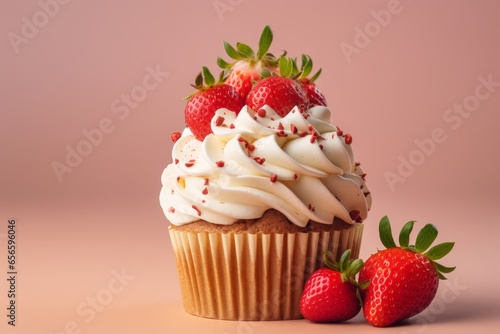 Photo of a delicious cupcake with fresh strawberries and creamy white frosting created with Generative AI technology