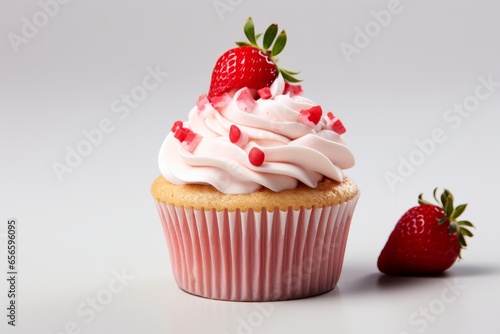 Photo of a delicious cupcake with fresh strawberries and creamy white frosting created with Generative AI technology