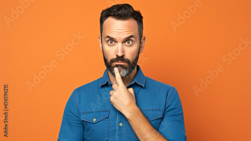 Serious mid adult man dressed in blue denim shirt with finger on chin while standing isolated on orange background
