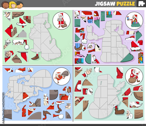 jigsaw puzzle activities set with cartoon Santa Clauses