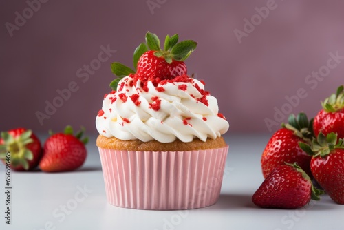 Photo of a delicious cupcake with fresh strawberries and creamy white frosting created with Generative AI technology