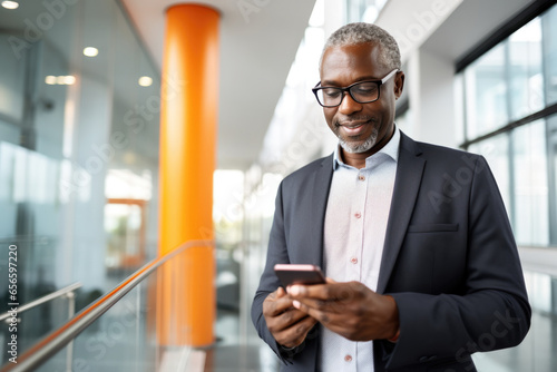 African middle aged businessman standing with smartphone in modern office with glass partitions