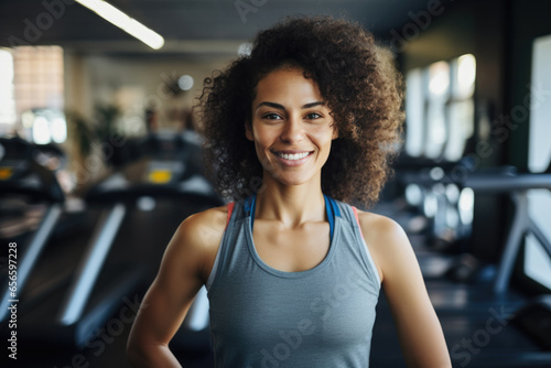 Portrait of smiling handsome young african woman posing after training in gym