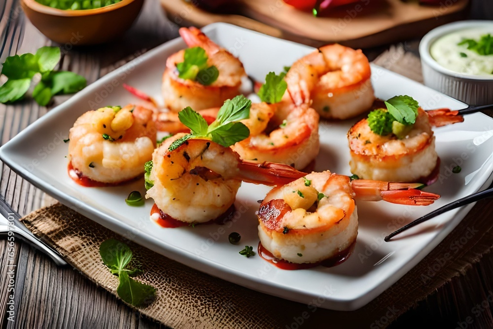 grilled crispy shrimps in circle with mint herbs  with vegetables 