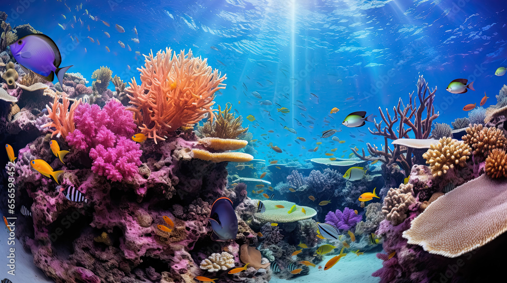 Diverse soft corals and a shoal of fish in a tropical reef