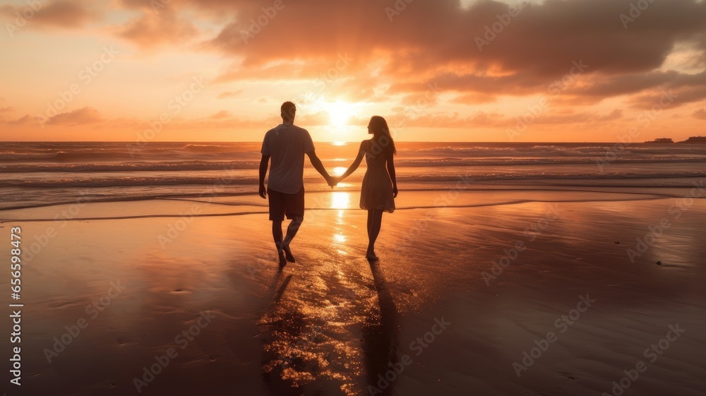 Fototapeta premium An image of a couple walking hand in hand along the beach, representing the happiness found in loving relationships
