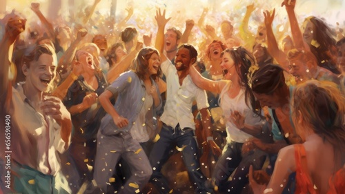 An image of people dancing and celebrating in a crowd, capturing the spirit of shared joyful moments