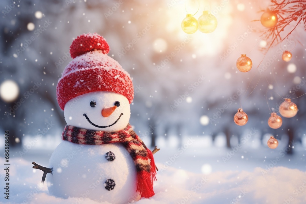 Cheerful Snowman Christmas Decoration in Winter Park with Beautiful Bokeh