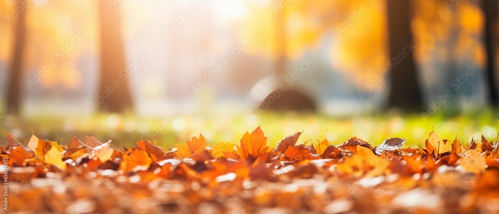 Autumn Leaves Panorama: Colorful Defocused Park Background