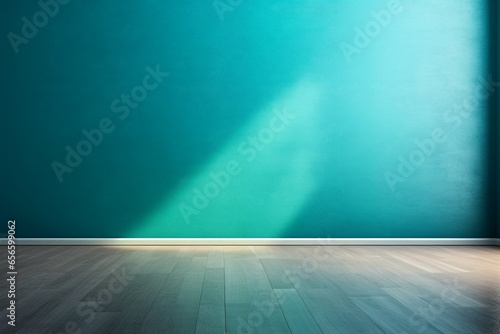 Turquoise Blue Empty Wall and Wooden Floor with Captivating Sunlight Glare. Interior Background for Presentation