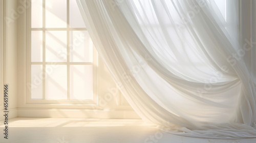 A white curtain hung in front of a window