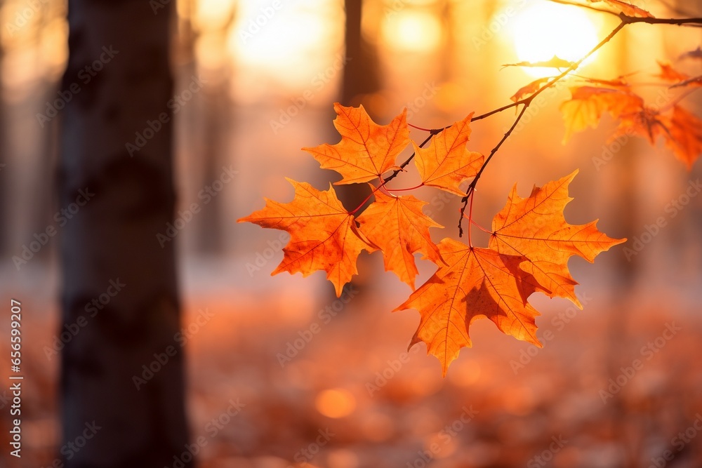 Autumn Maple Leaves in Forest at Sunset Autumn Maple Leaves in Forest at Sunset