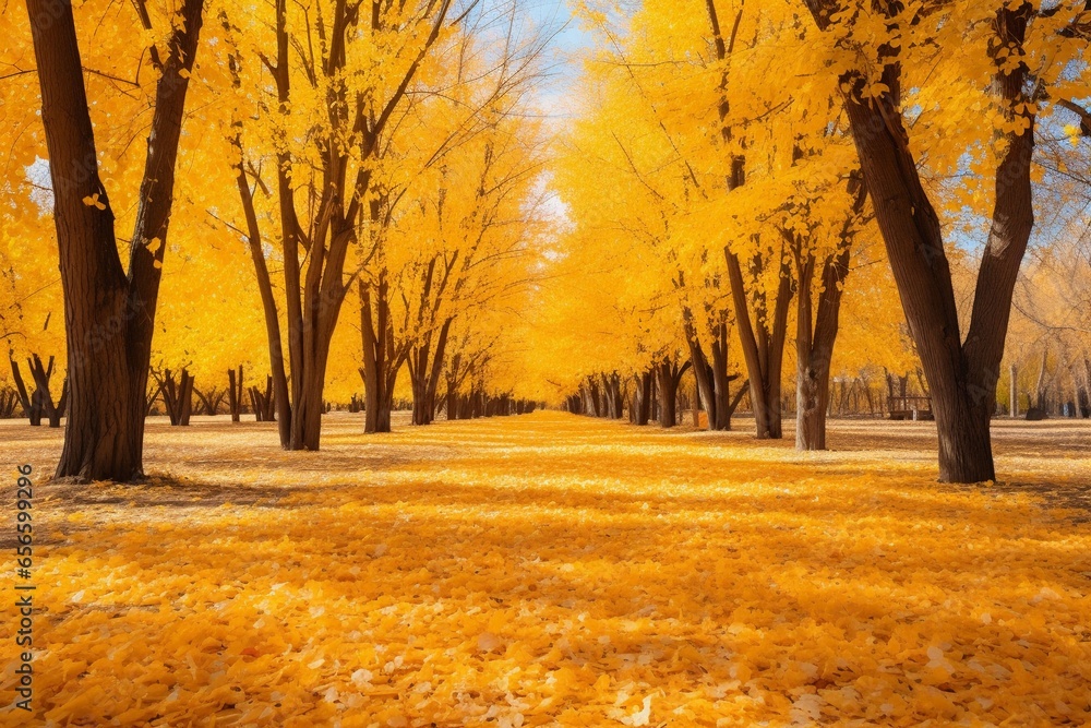 Vibrant Autumn Landscape: A Blanket of Yellow Leaves in a Sunny Natural Park