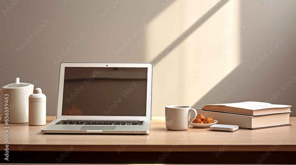 A white desk with a laptop a notebook and a cup of coffee A white desk with a laptop a notebook and a cup of coffee