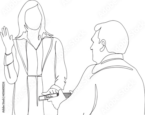 Oath-Taking Ceremony in Court: Witness Pledging Truth, Vector Sketch of Witness Oath on Holy Bible in Trial