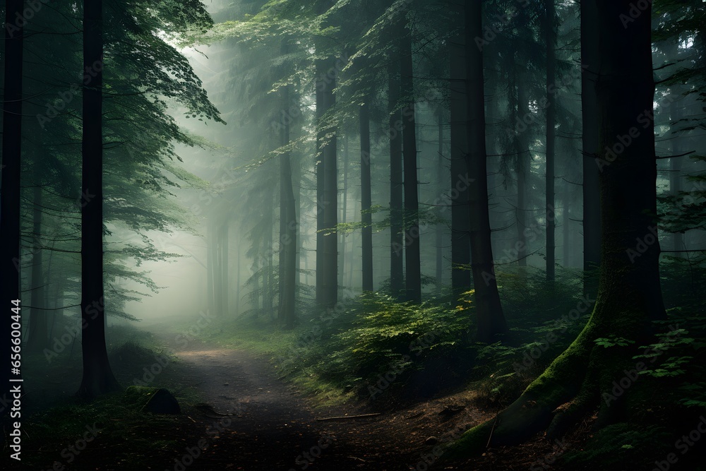 Mysterious dark forest with fog and light. Panoramic image
