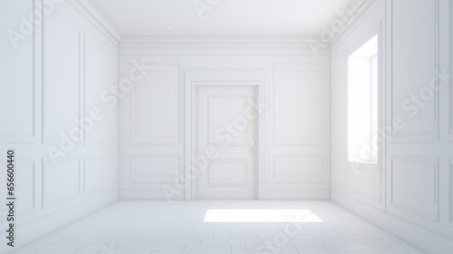 A white hallway with a door and a light 