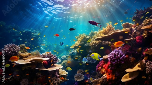 Coral and fish in the Red Sea. Egypt. Panorama