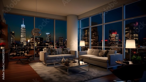 modern living room at night with panoramic window and city view