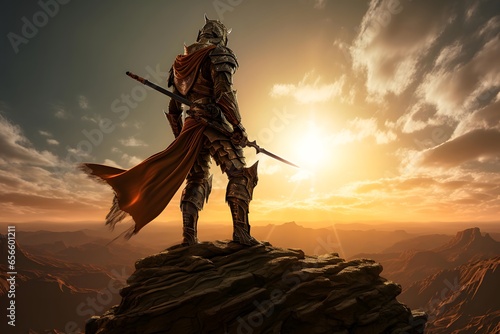 3D CG rendering of fantasy warrior on the top of a mountain photo