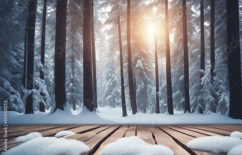 Winter Christmas scenic landscape. Wooden flooring strewn with snow in forest and sun lights in background