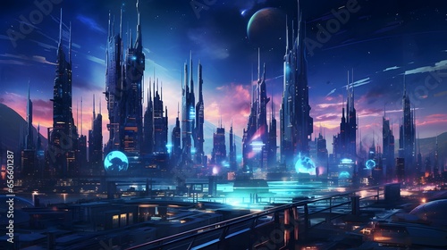Futuristic city at night. 3D illustration. Futuristic city.