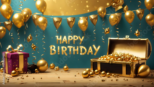 happy birthday golden text background with gold treasure