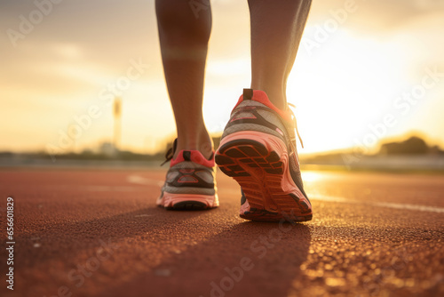 Sprint to success: closeup of running shoe on the road at sunrise