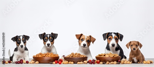Puppy Jack Russell Terrier eating dog s food from bowl with copyspace for text