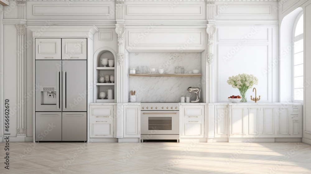 A white kitchen with marble countertops a few cabinets and a large refrigerator - obrazy, fototapety, plakaty 