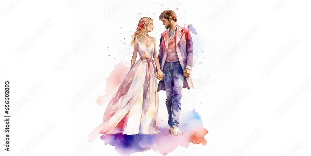 watercolor illustration of a couple walking