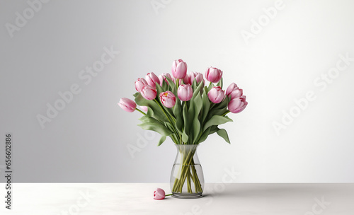 a vase of pink tulips on a table