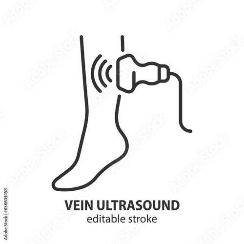 Vein ultrasound line icon. Diagnostics of varicose veins. Medical procedure on leg vector illustration. Editable stroke.