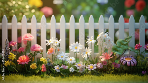 A white picket fence lines a small garden with a variety of colorful flowers blooming in the grass 