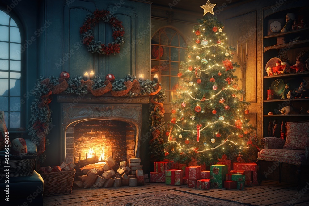 Fototapeta premium Interior livingroom for christmas tree and various gift boxes for Christmas day. Christmas tree at home has happy moments. Preparing for holiday. Happiness Christmas day. Have fun. X-mas concept.