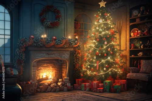 Interior livingroom for christmas tree and various gift boxes for Christmas day. Christmas tree at home has happy moments. Preparing for holiday. Happiness Christmas day. Have fun. X-mas concept.